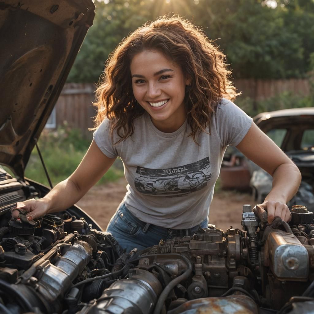Woman Working on Car Engine in Golden Hour Lighting