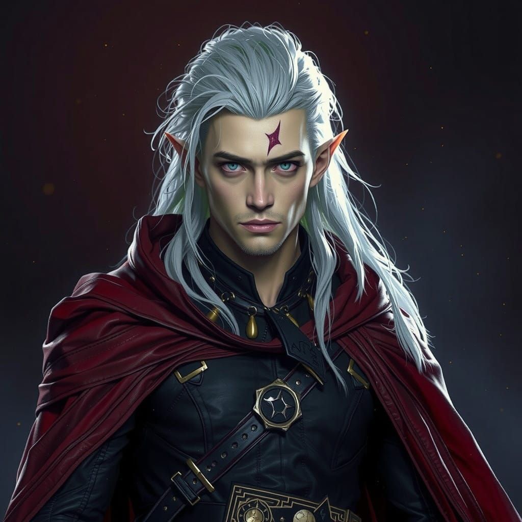 Ethereal Dark Fantasy Figure in Crimson Cape and Black Leath...