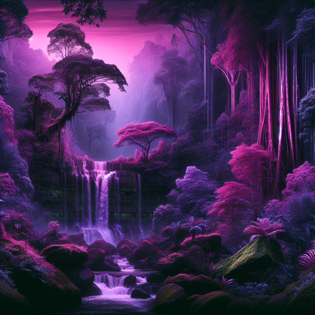 Purple Waterfall in Exotic Pink Rainforest: HDR Digital Pain...
