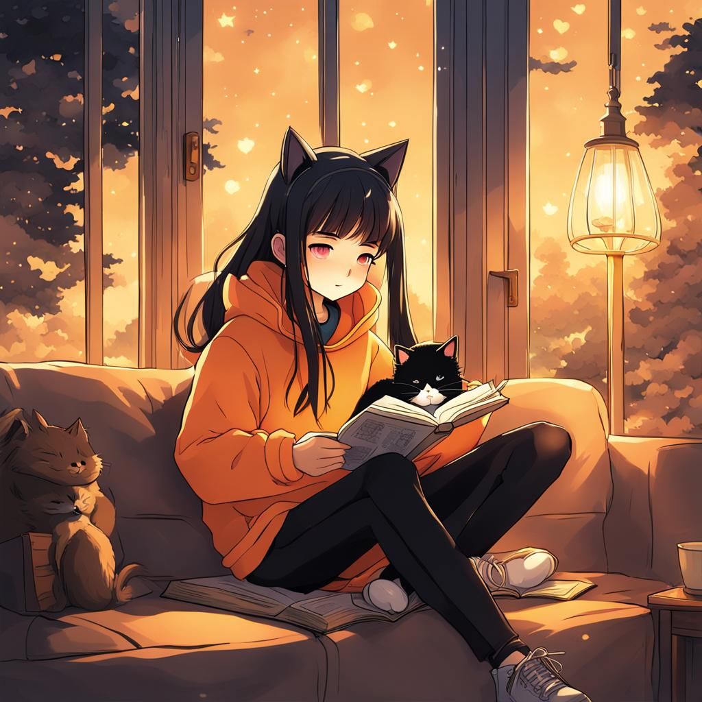 Anime Girl Reading with Cat by Window