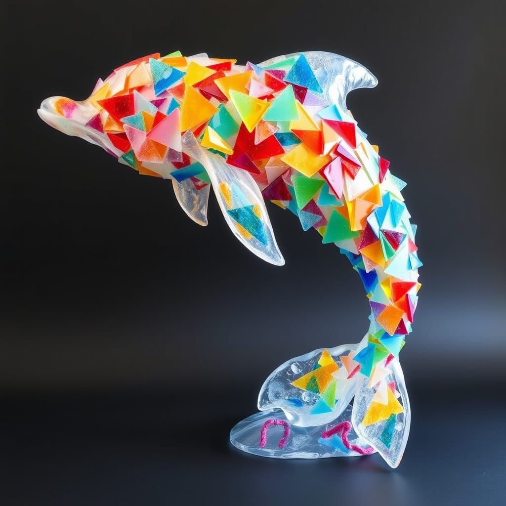 Dolphin Sculpture Made of Colorful Frosted Glass Shards