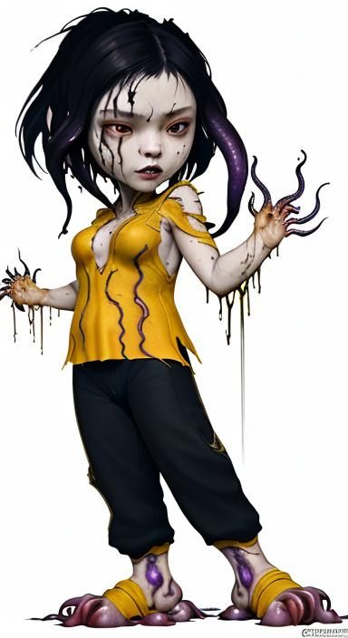 Jade Chan as Bio Organic Weapon from Resident Evil Village, with many extra limbs, sharp teeth, worms, tentacles, twiste...