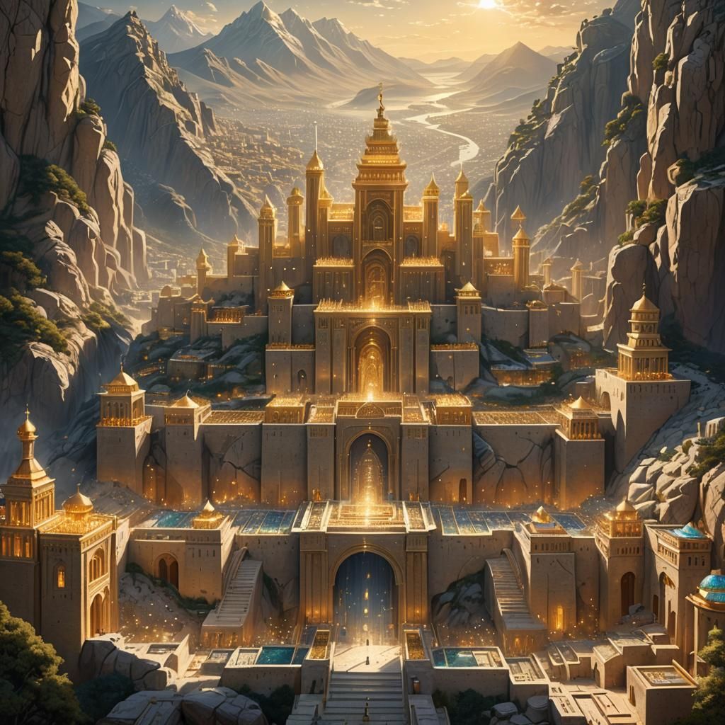 Majestic Golden City on a Mountain, Fantasy Architecture