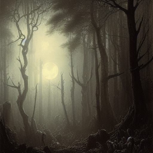 Horror Forest Under Full Moon in Gothic Style