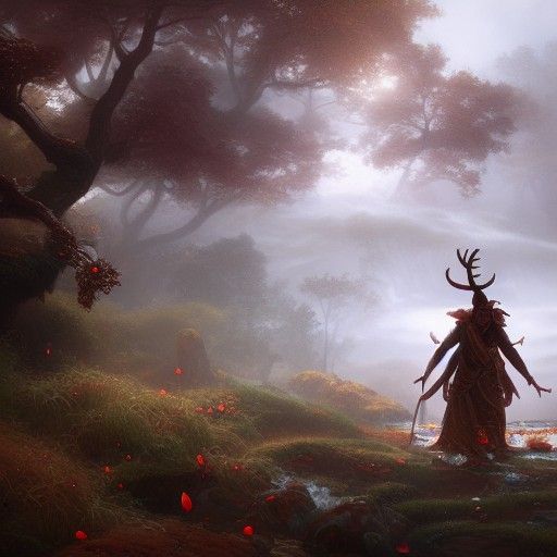 Majestic Deity with Antlers and Mushrooms