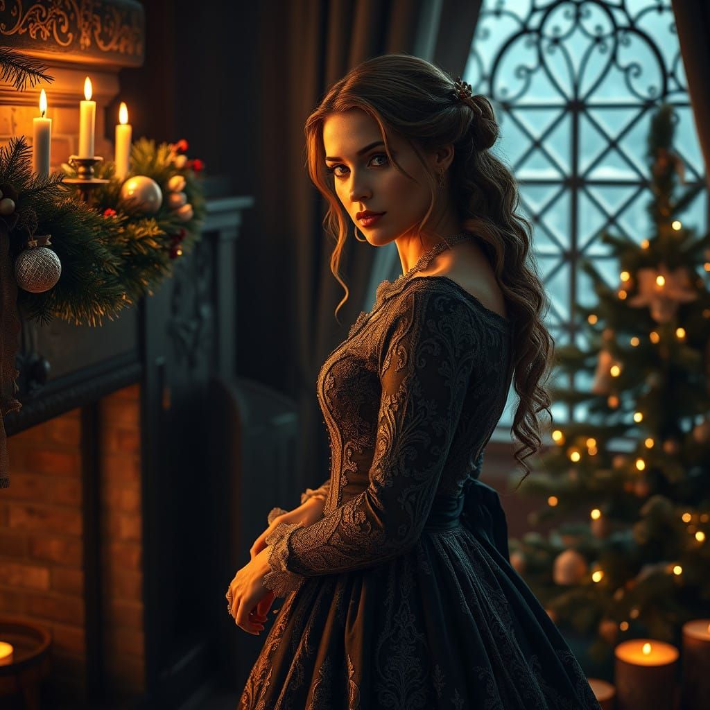 Elegant Victorian Woman Adorns Christmas Tree by Fireplace