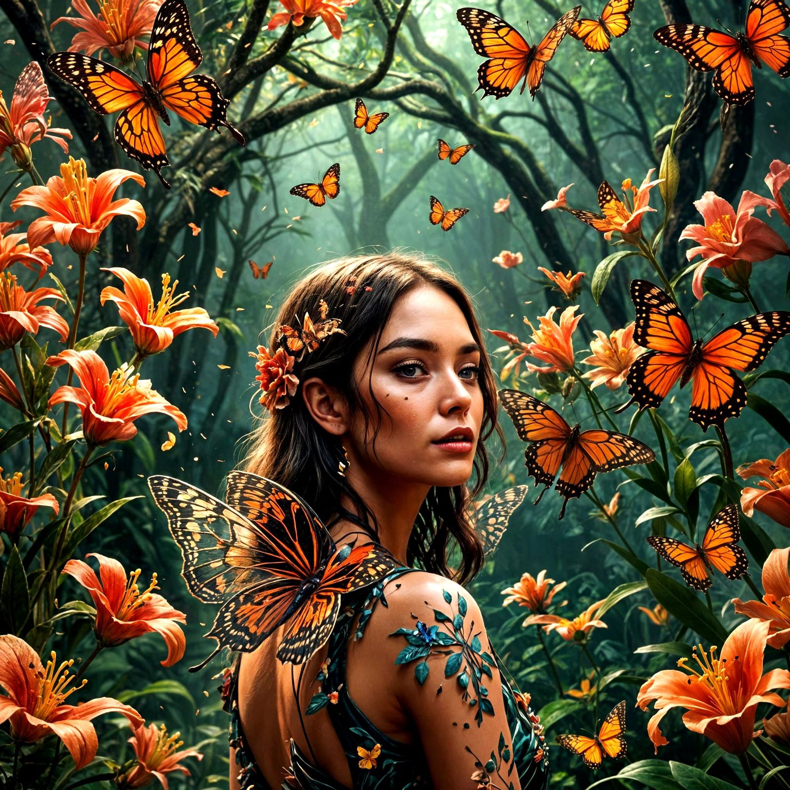 Tiger Lily Pollination by Butterfly Woman: Fantasy Art