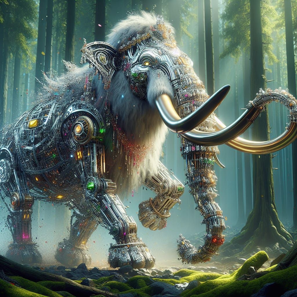Mechanical Mammoth with Jeweled Crown in Forest