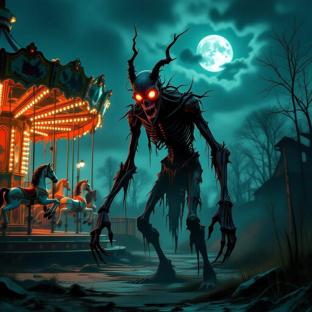 Grotesque Figure in Abandoned Carnival Shadows