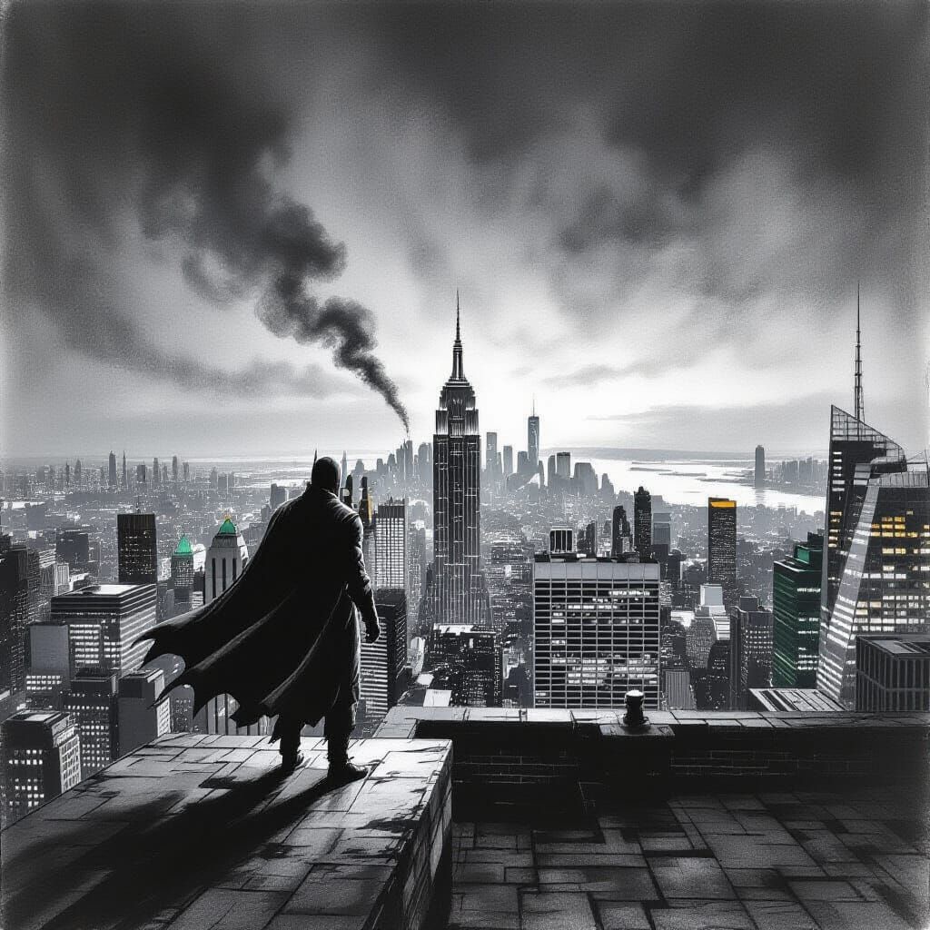Hyperdetailed Charcoal Drawing of a Rooftop Vigilante