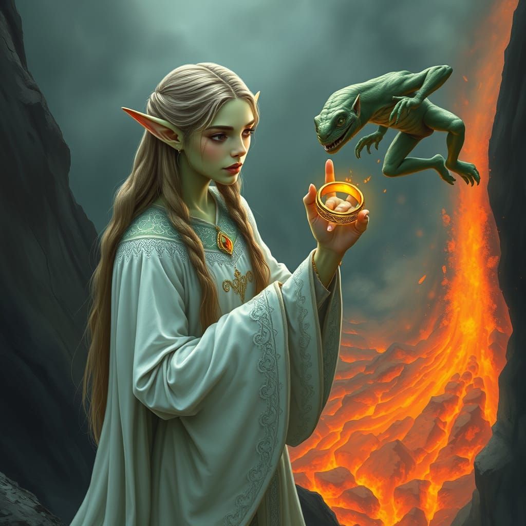 Elven Princess Stands at Mount Doom's Edge, One Ring in Hand