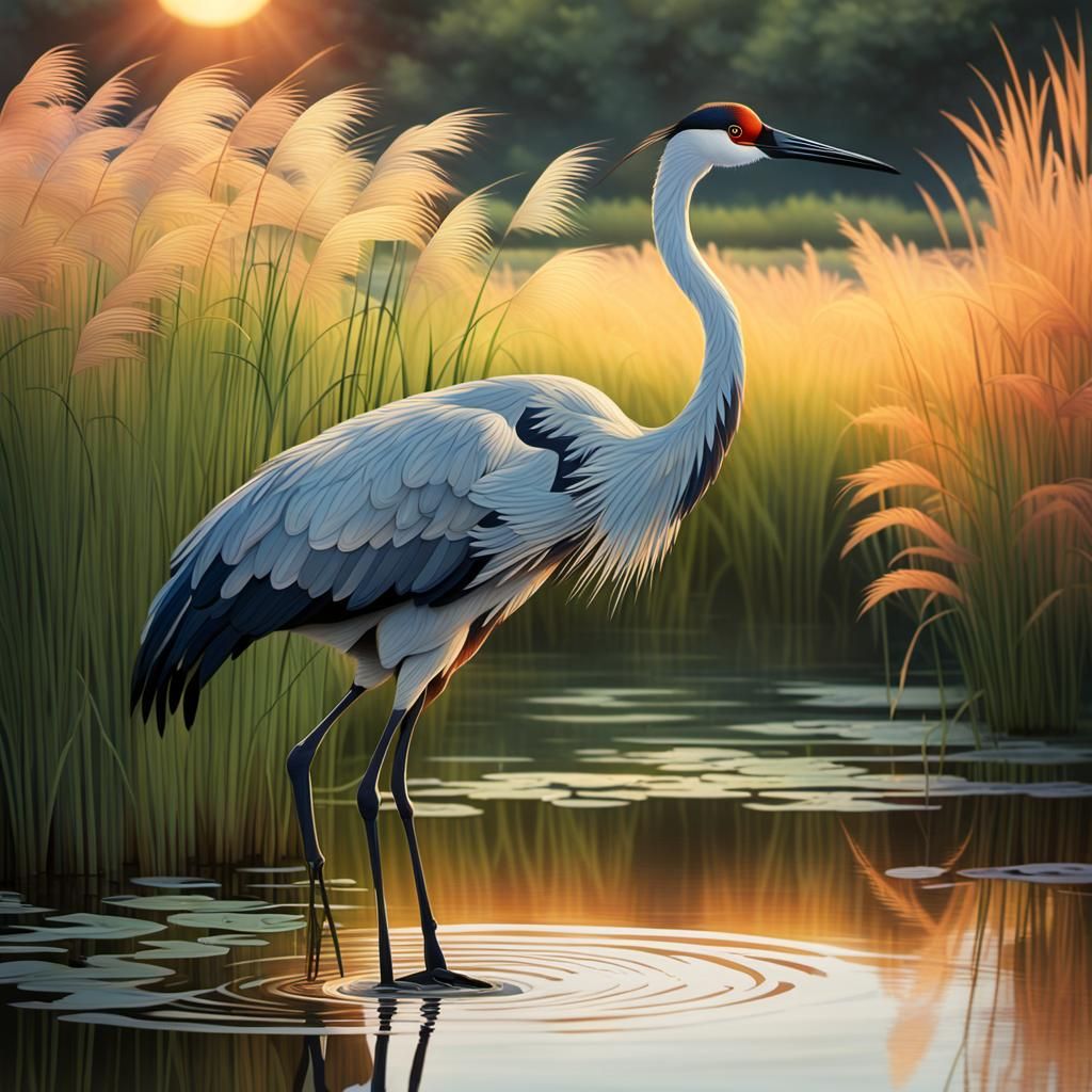 Crane in Pond at Sunset