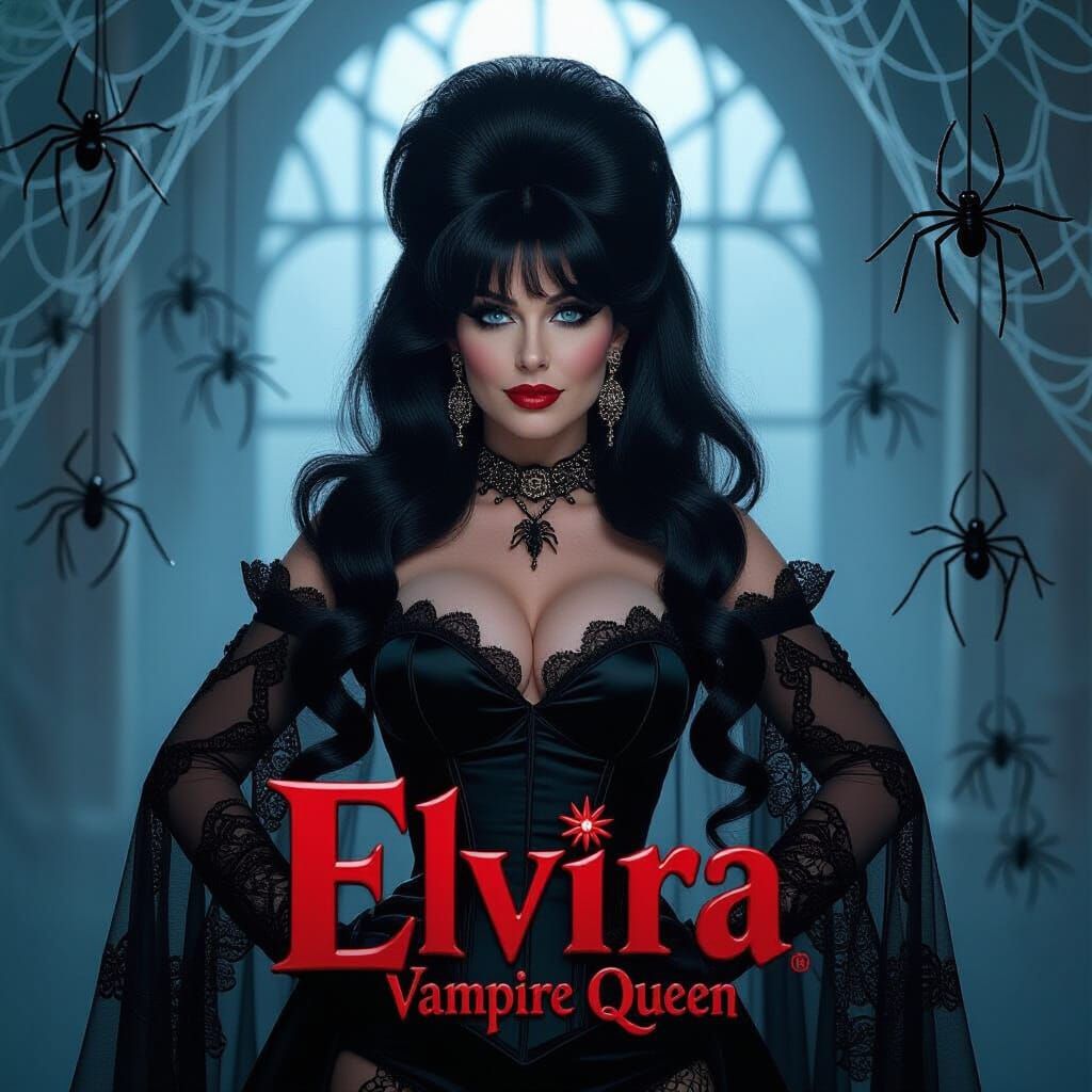 Elvira Vampire Queen Movie Poster with Spiderwebs