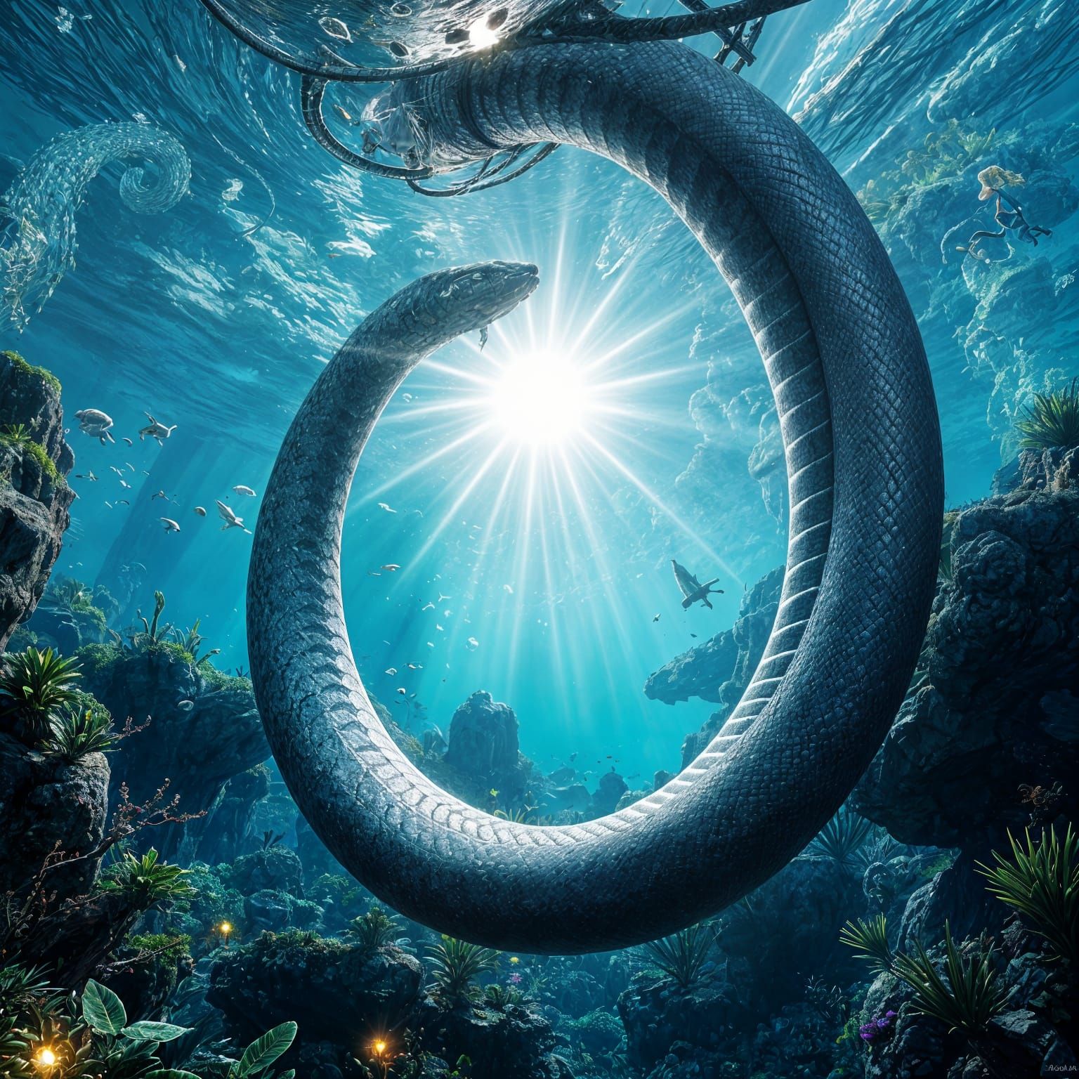 Surreal Submerged Metropolis with Majestic Silver Serpents
