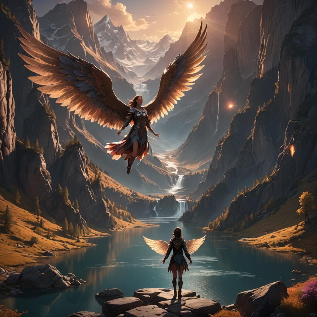 Angelic Girl Flying Above Sunset Lake