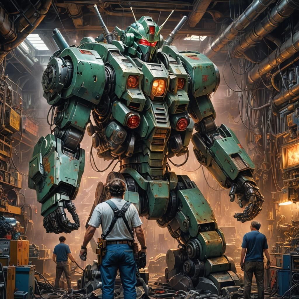 A Mechanic is elbow deep in a colossal smoking broken Gundam Robot's Brains making repairs, artwork by Jason edmiston, J...