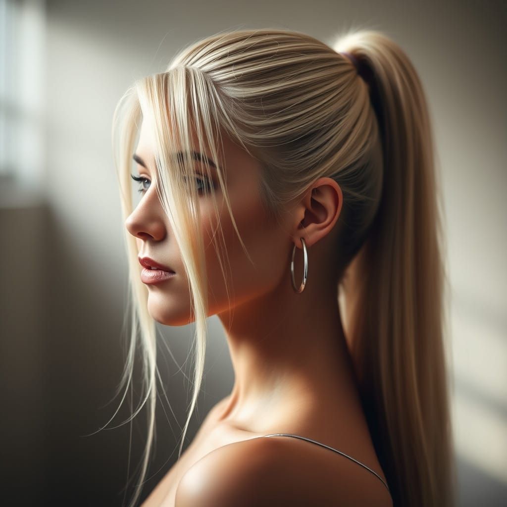 Glowing Portrait of a Blonde Woman with a Sleek Ponytail in ...