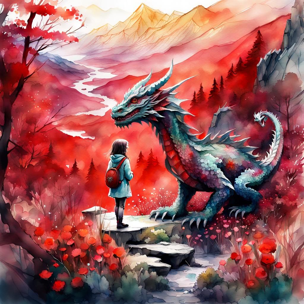 Fantasy Girl with Dragon in Watercolor Style