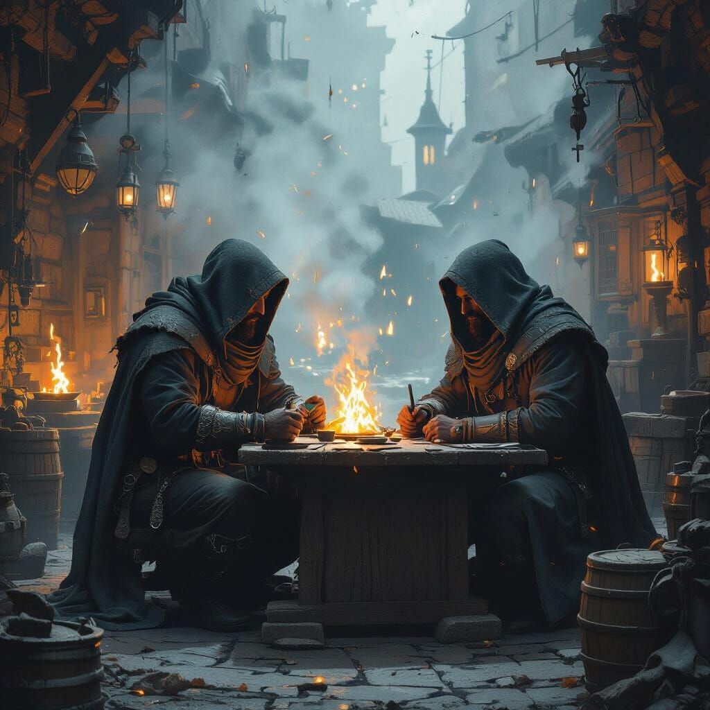 Smoldering Fantasy Market with Mysterious Merchants
