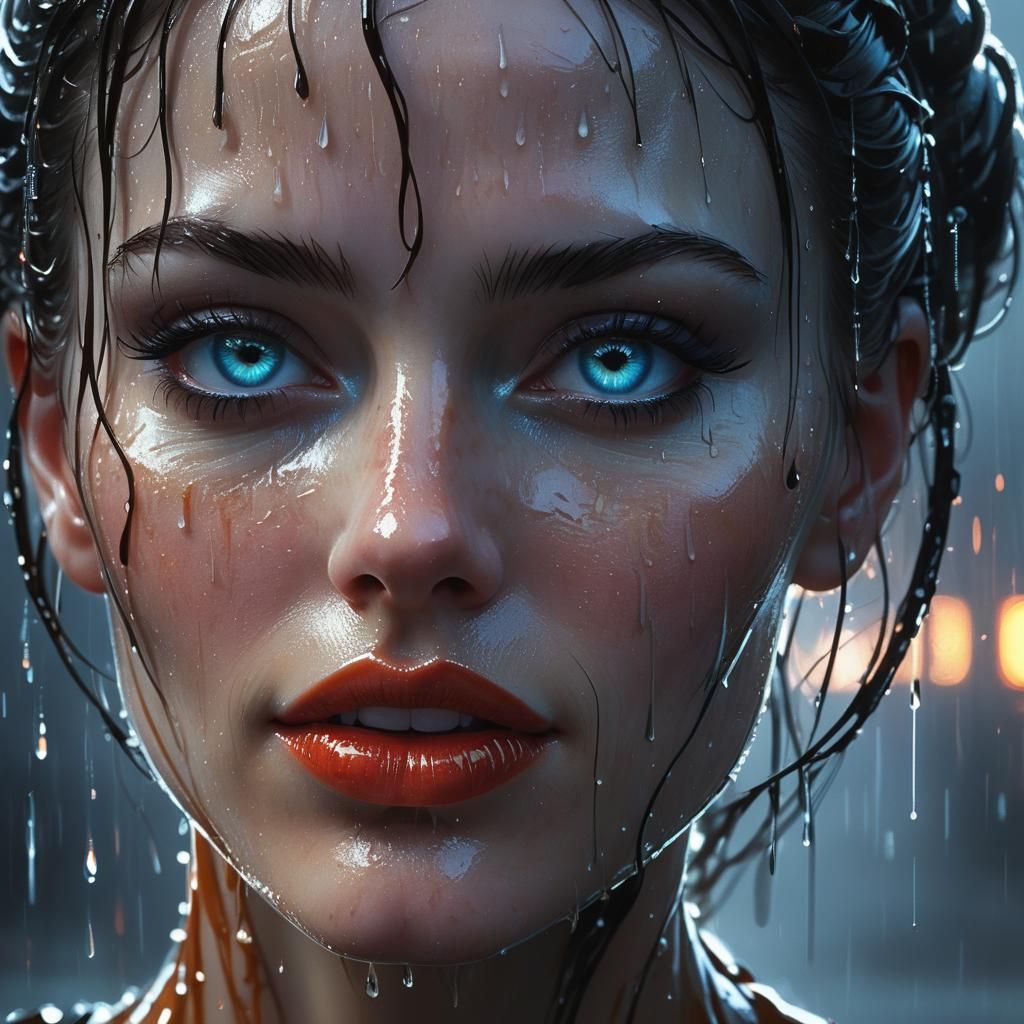 Hyperrealistic Girl in Rain, Noir Film Aesthetic