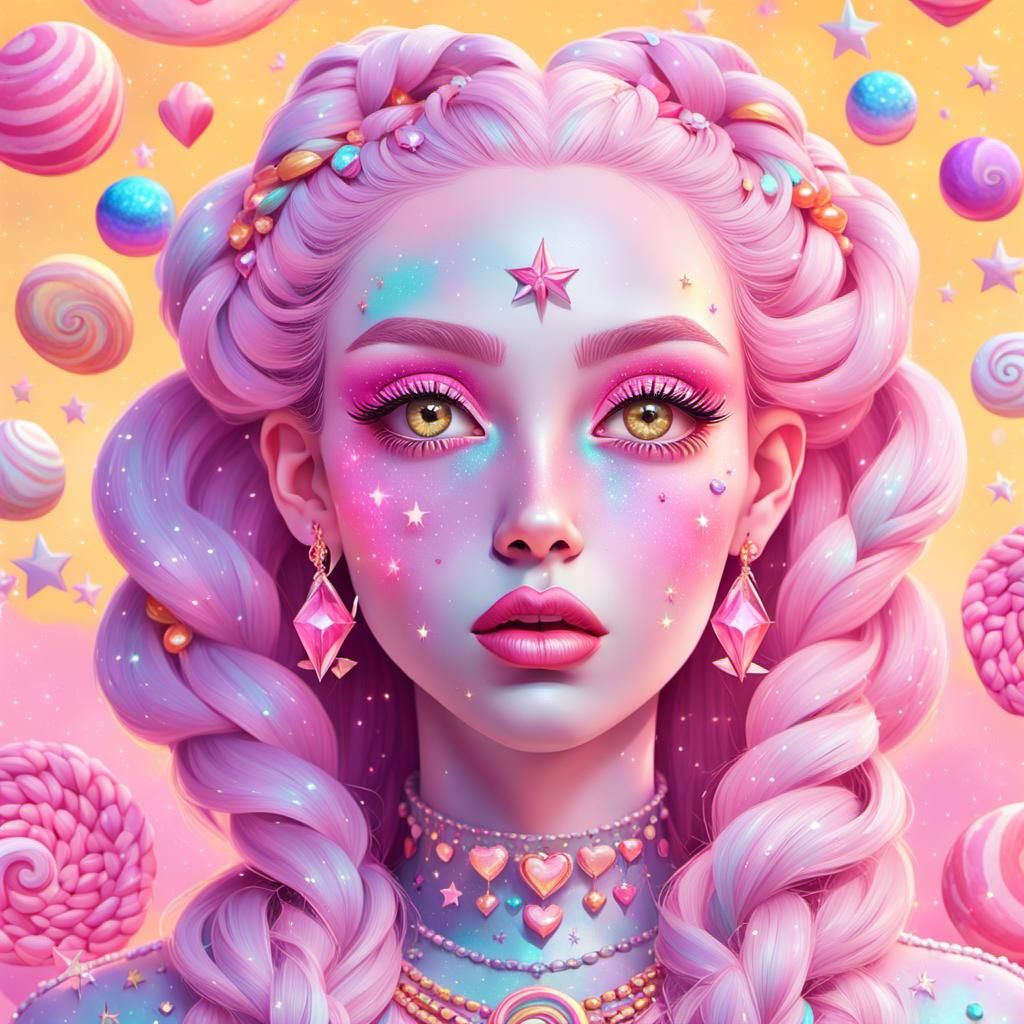 Pastel Girl with Gems in Cosmic Illustration