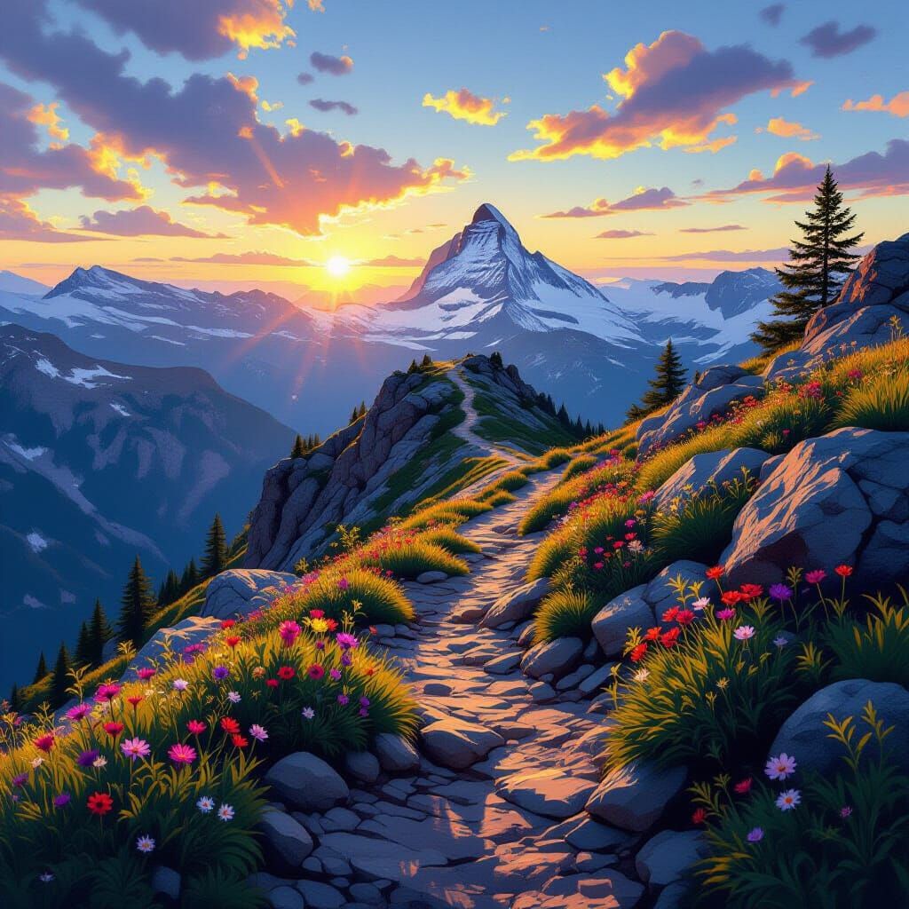 Mountain Trail Summit View: Wildflowers & Dramatic Sunset