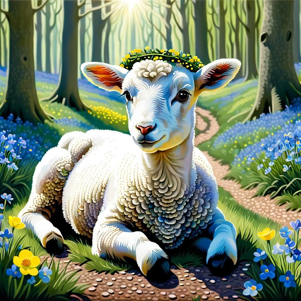Lamb with Buttercups in Pointillist Spring Forest