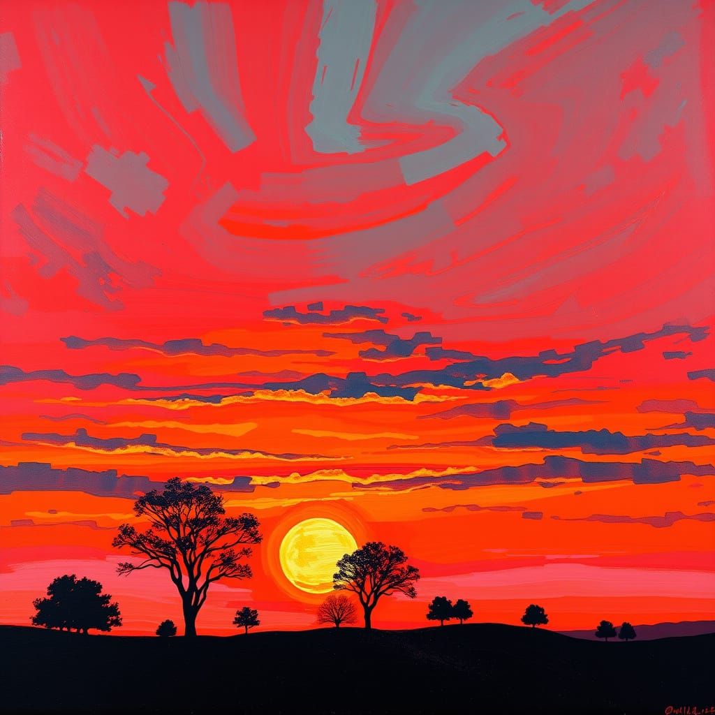 Warm Impressionist Sunset Landscape with Golden Glow