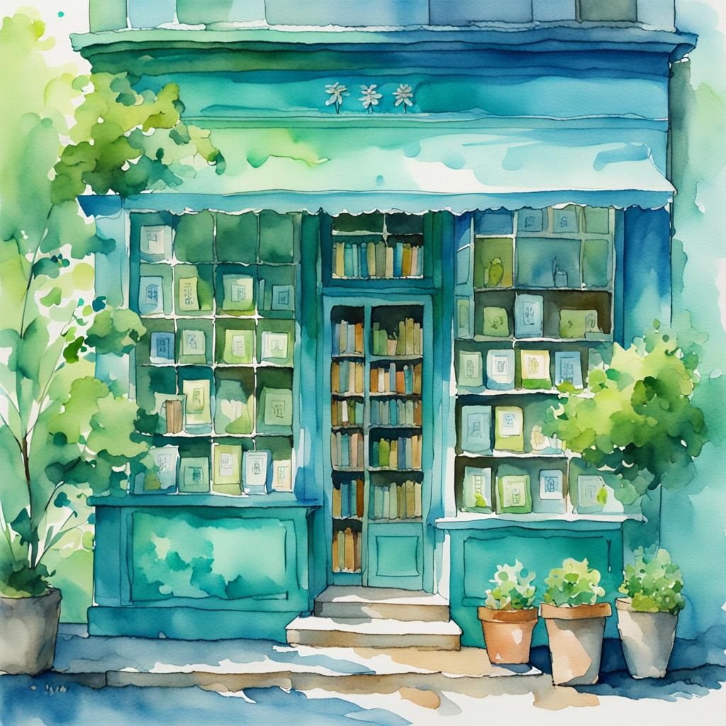 Watercolor Bookstore in Teal and Light Blue