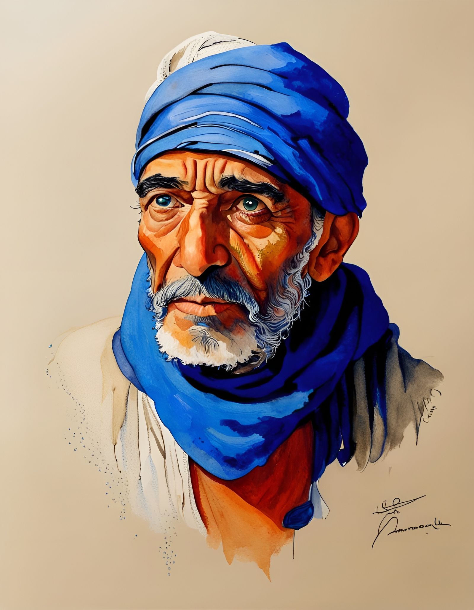 Vibrant Watercolor Portrait of Elderly Arab Man