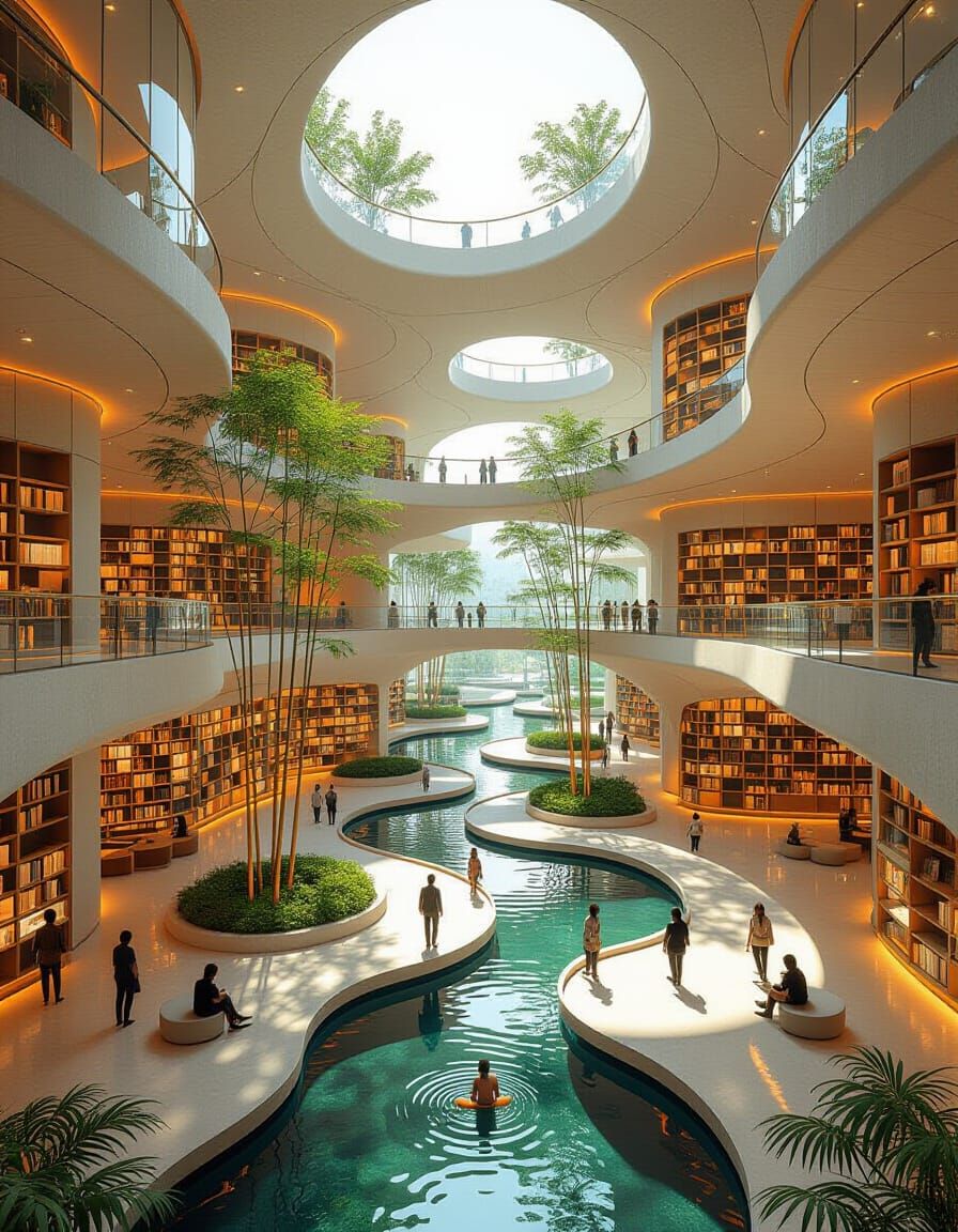 Sunlit Isometric Library with Organic Curves and Water Fount...