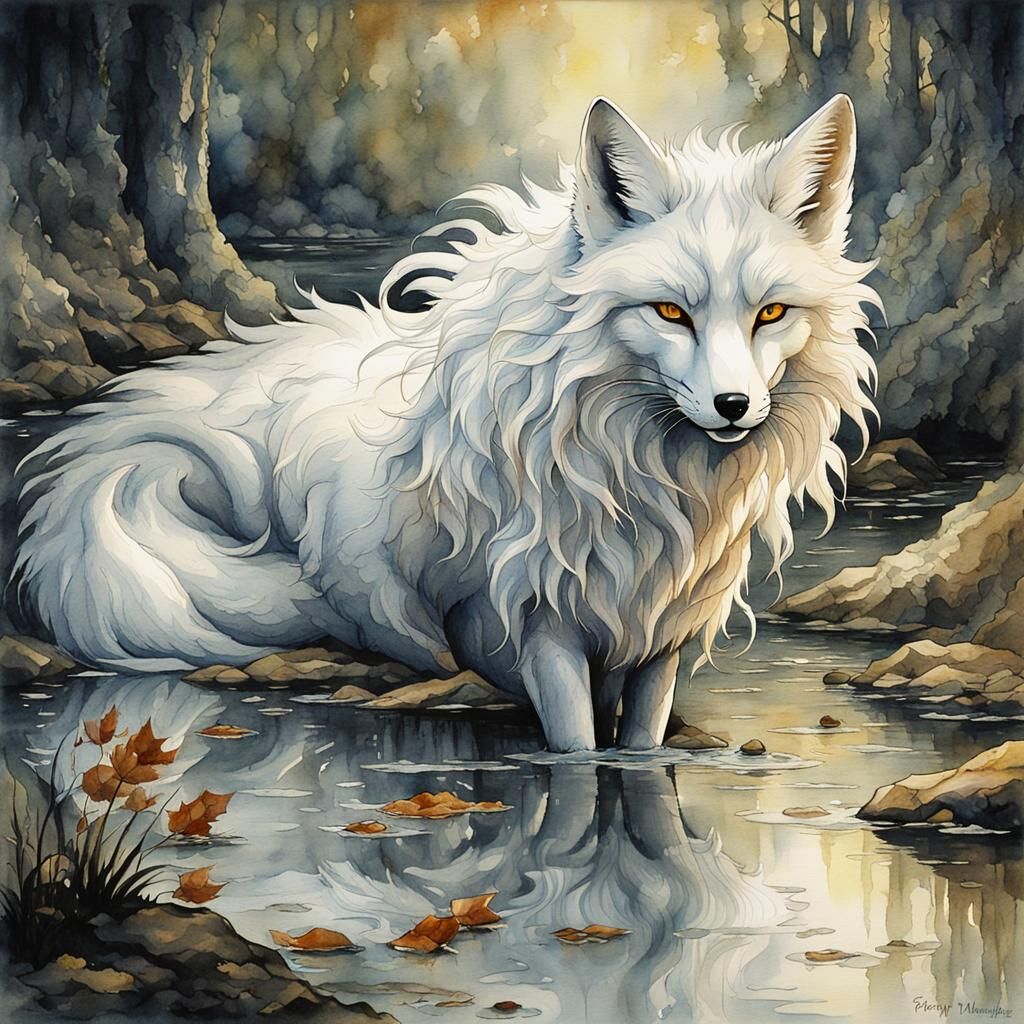 Elegant Nine-Tailed Fox in Watercolor Style