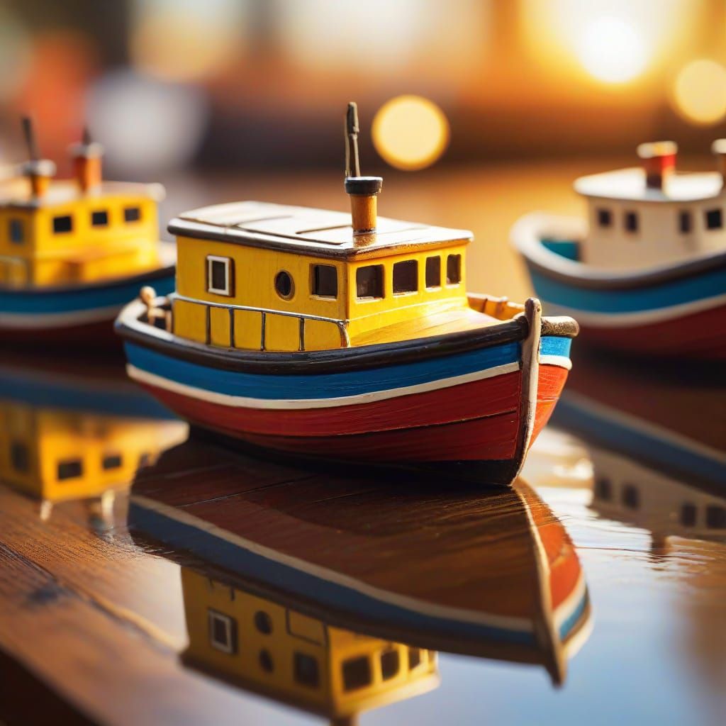 Wooden Toy Boats in Vibrant Oil Painting Style