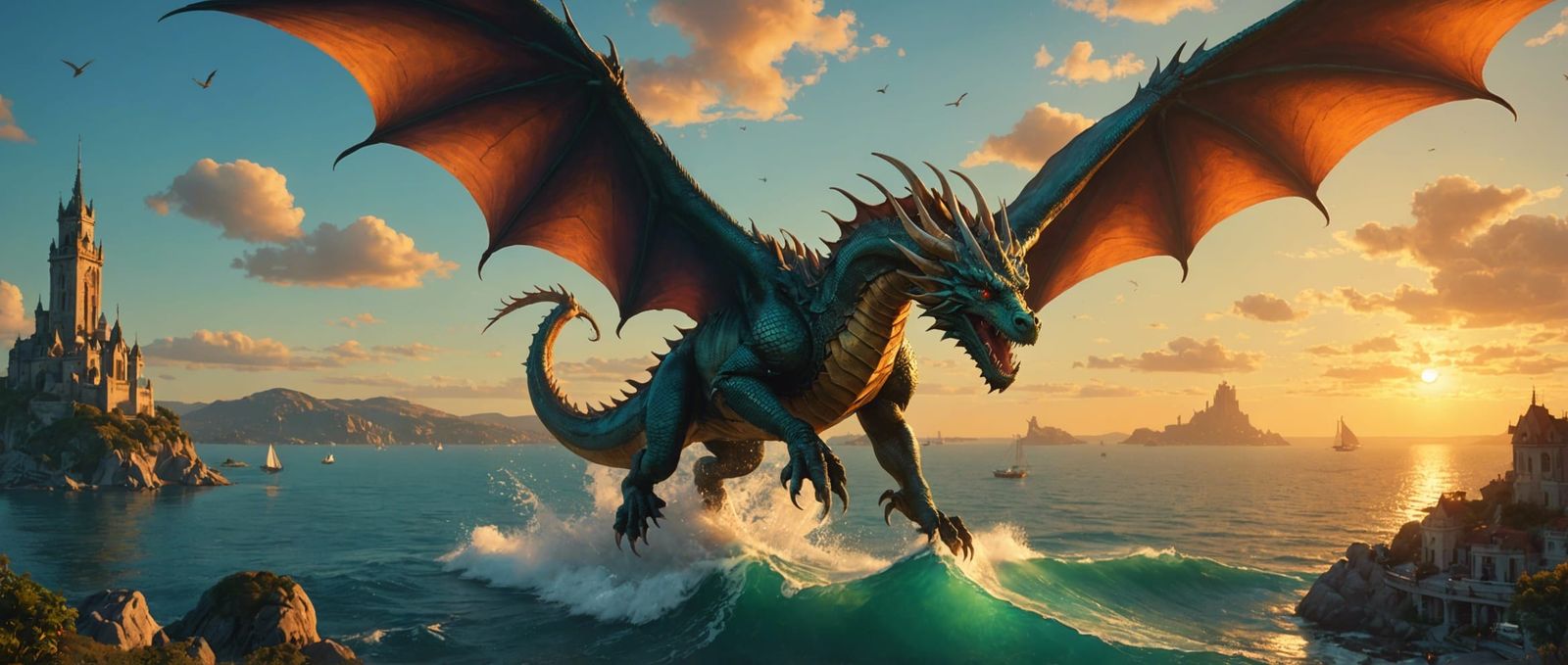 Dragon Flying Over Golden Bay: Fantasy Art