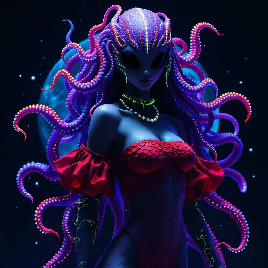 Mystical Aquatic Alien Goddess in Neon Hues