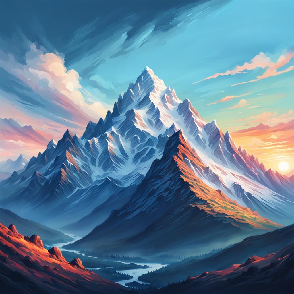 Impressionist Mountain Sunset in Digital Painting Style