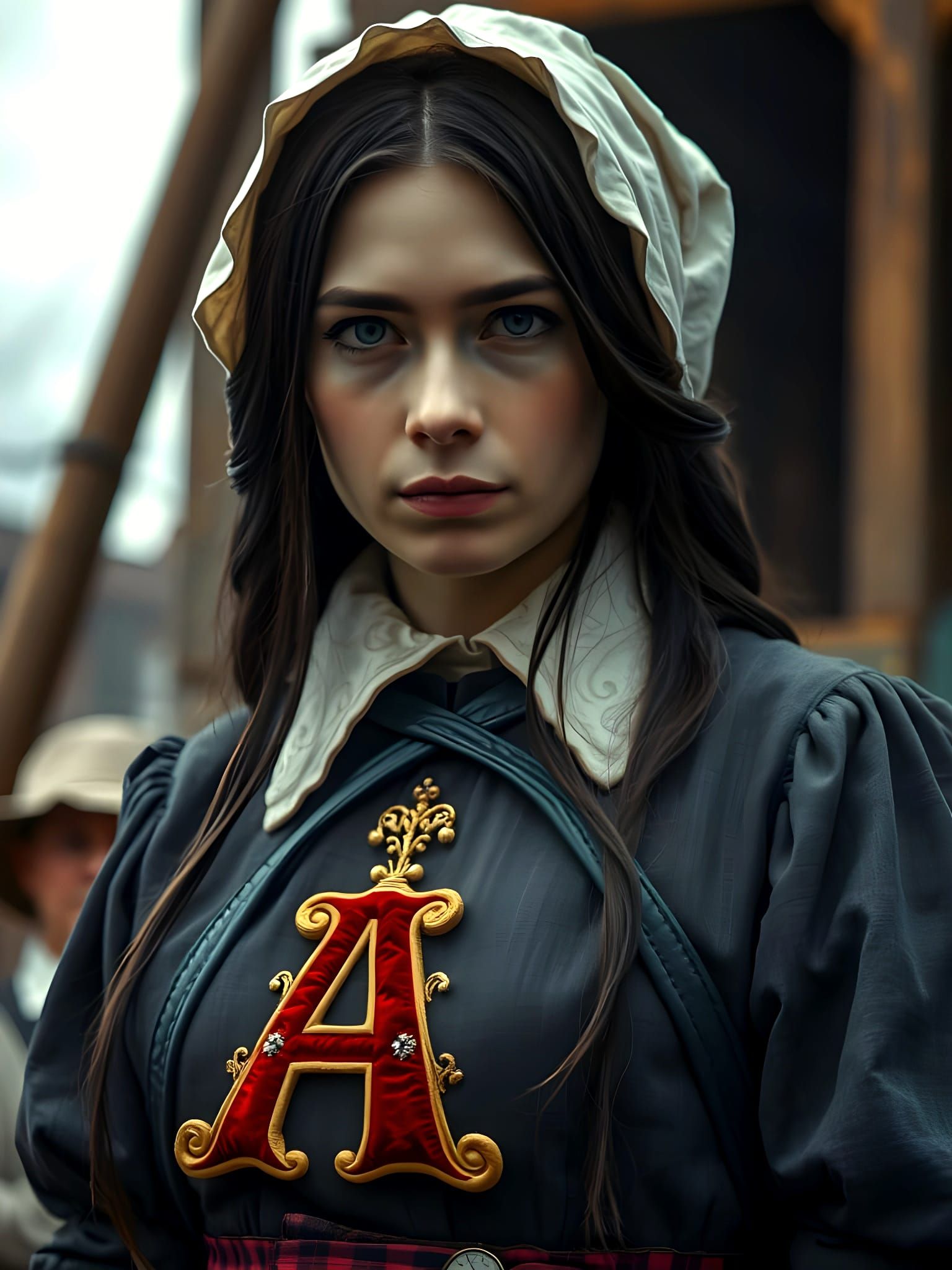 Hyperrealistic Portrait of a Defiant Puritan Woman in 17th C...