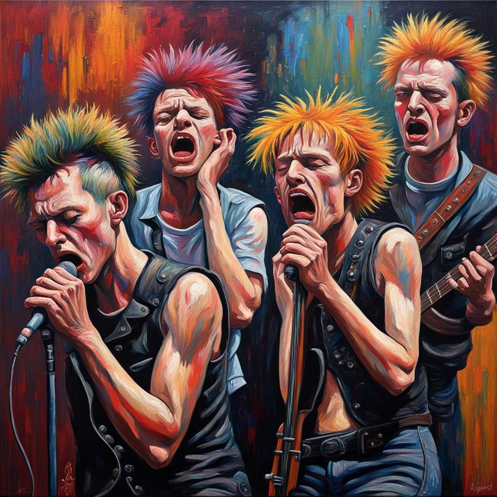 Punk Rock Band on Stage in Expressionist Oil Painting