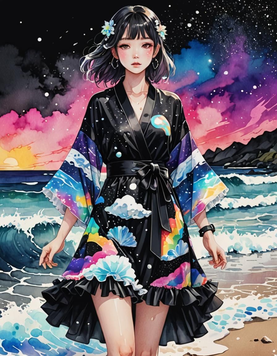 Beach Scene with Holographic Kimono in Anime Style