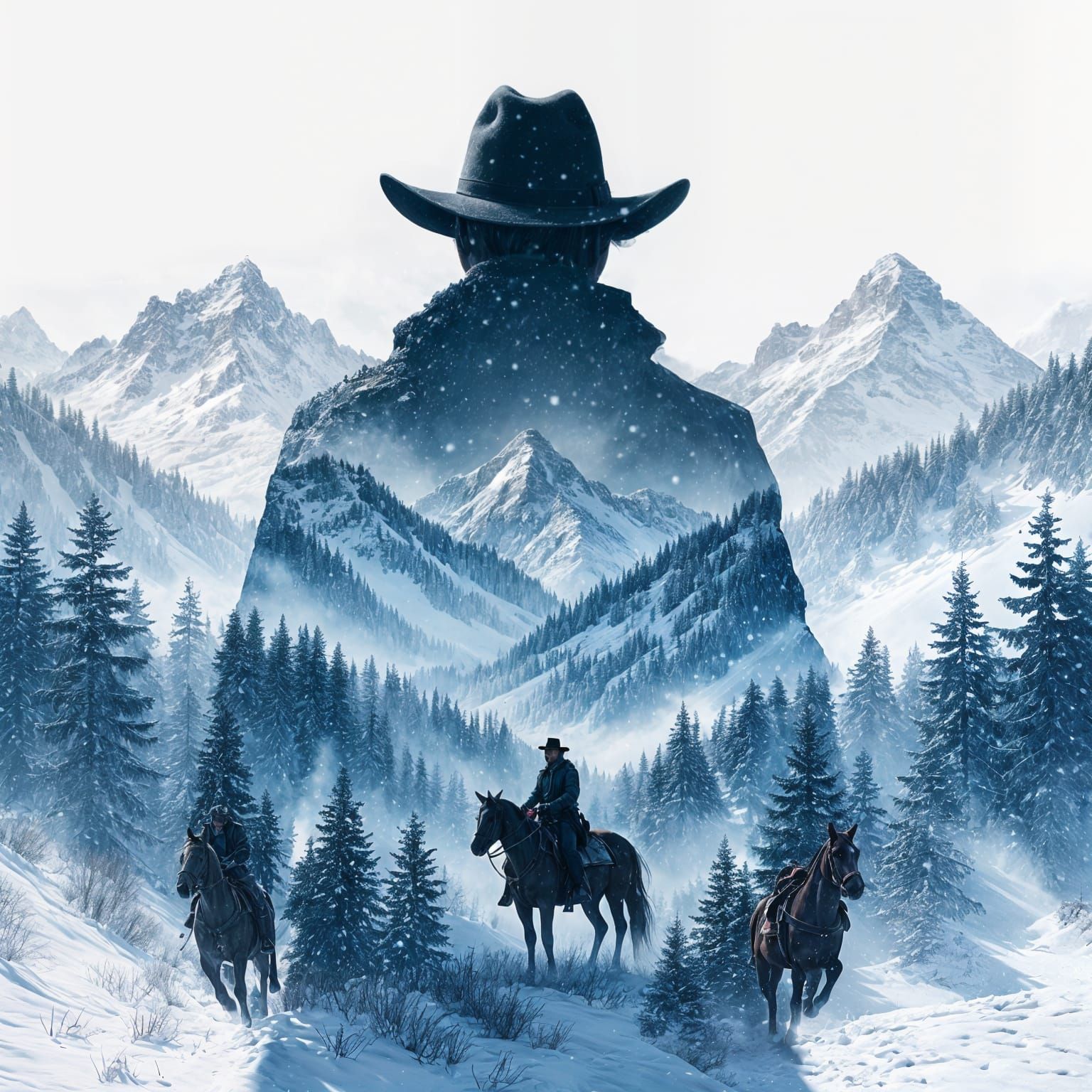 Cowboy Silhouette Merged with Winter Landscape in Double Exp...