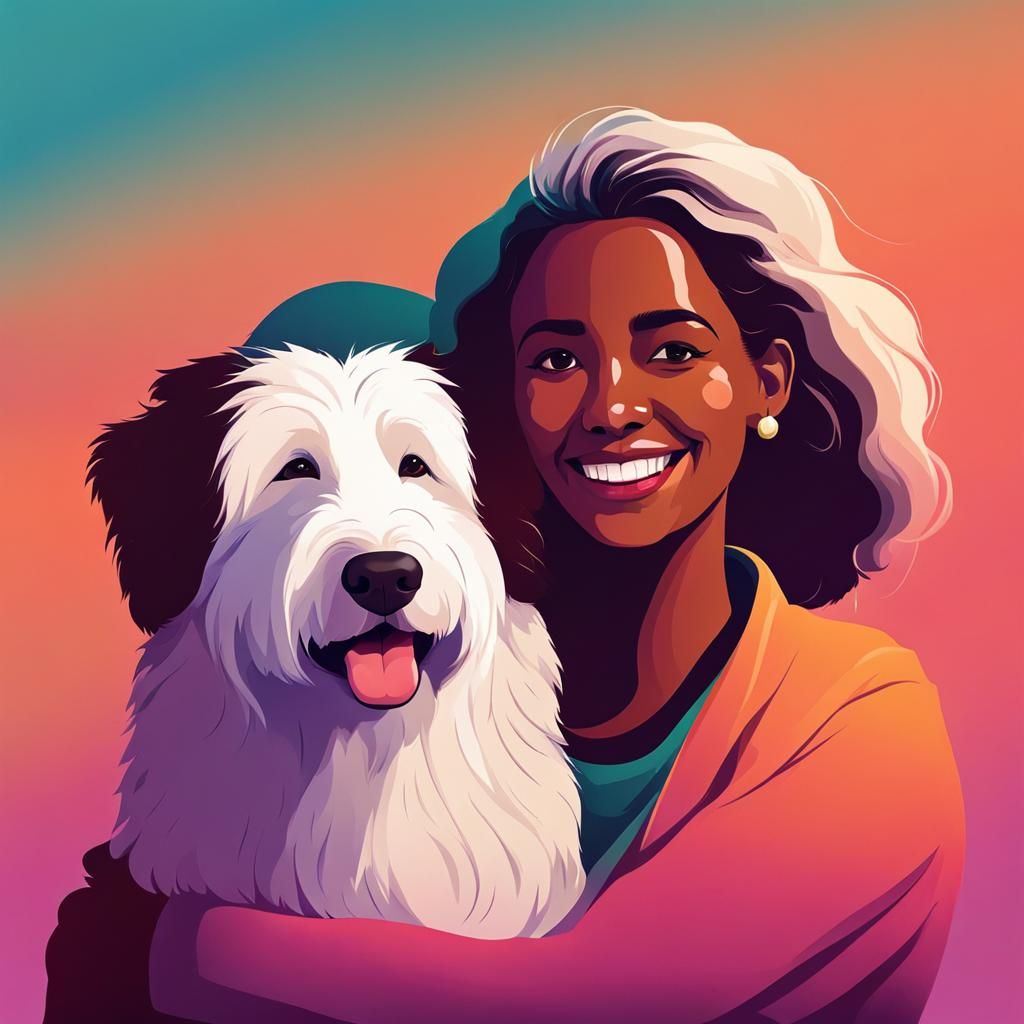 Woman and Sheepdog: Minimalist Digital Friendship Art