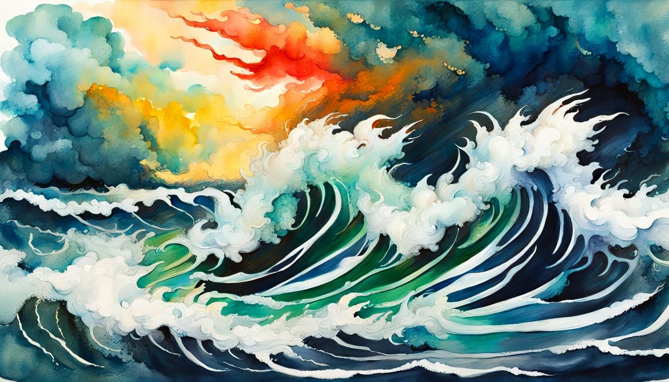 Stormy Sea Ink Splatter in Gouache Watercolor Style