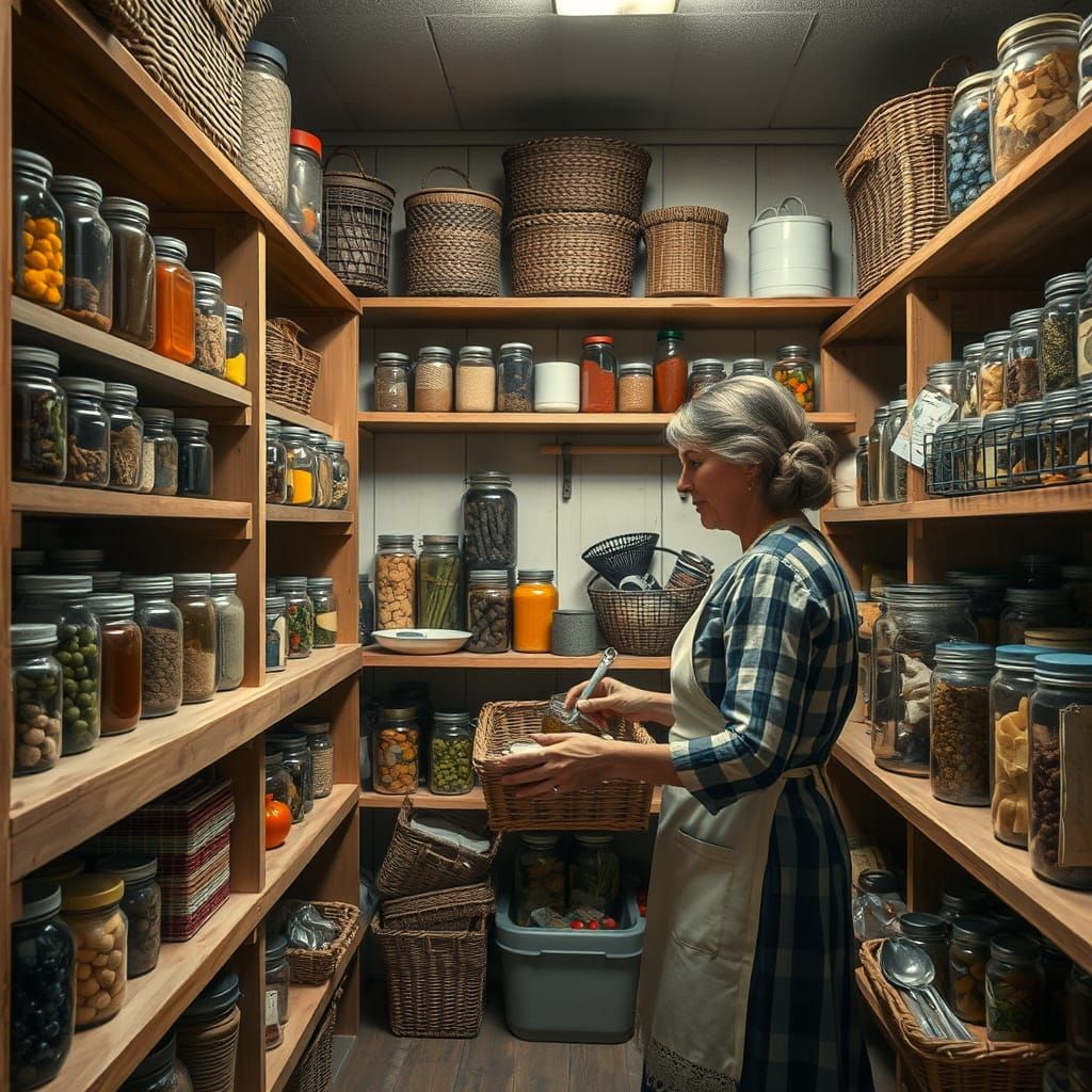 Woman Organizes Cozy Pantry in Rustic Style