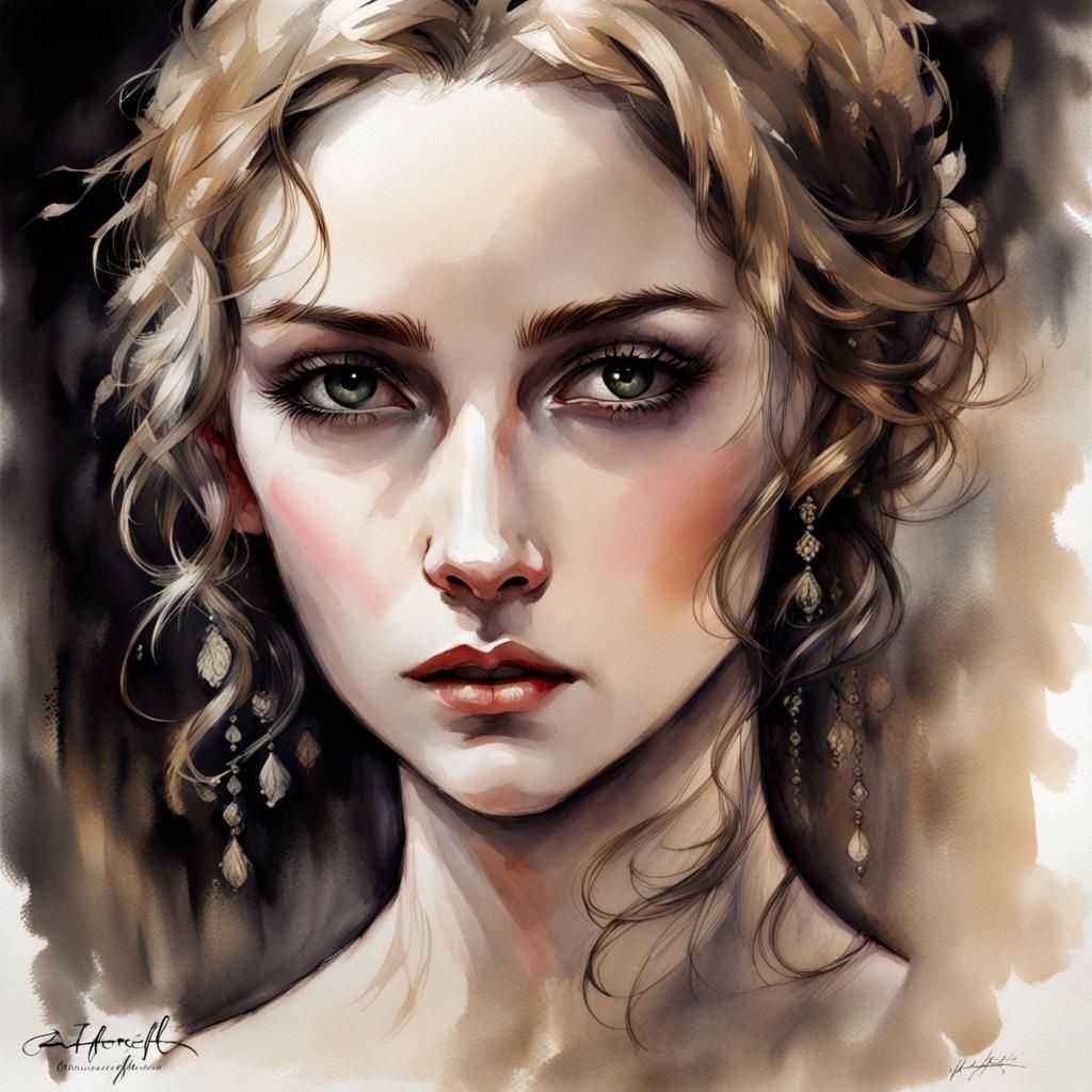 Gothic Princess Portrait in Modern Ink Painting Style