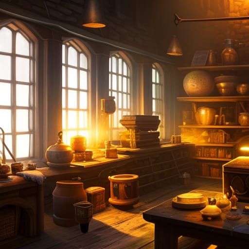 Isometric Medieval Alchemist Lab with Volumetric Lighting