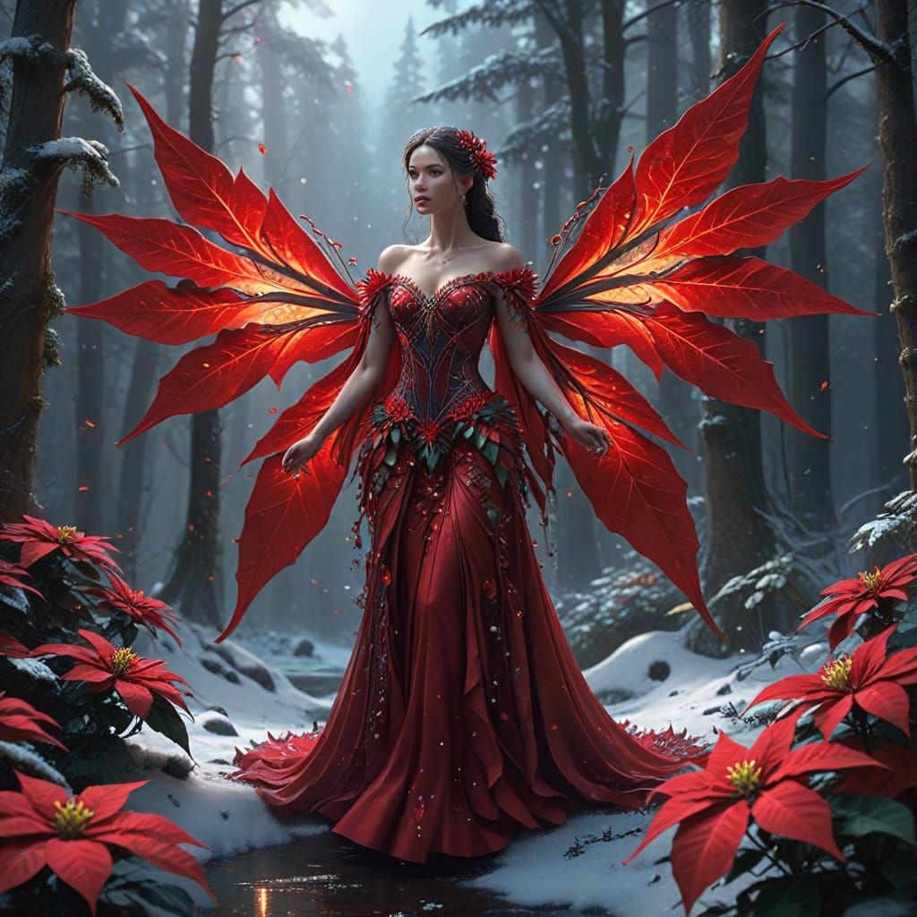 Poinsettia Fairy in Snowy Forest