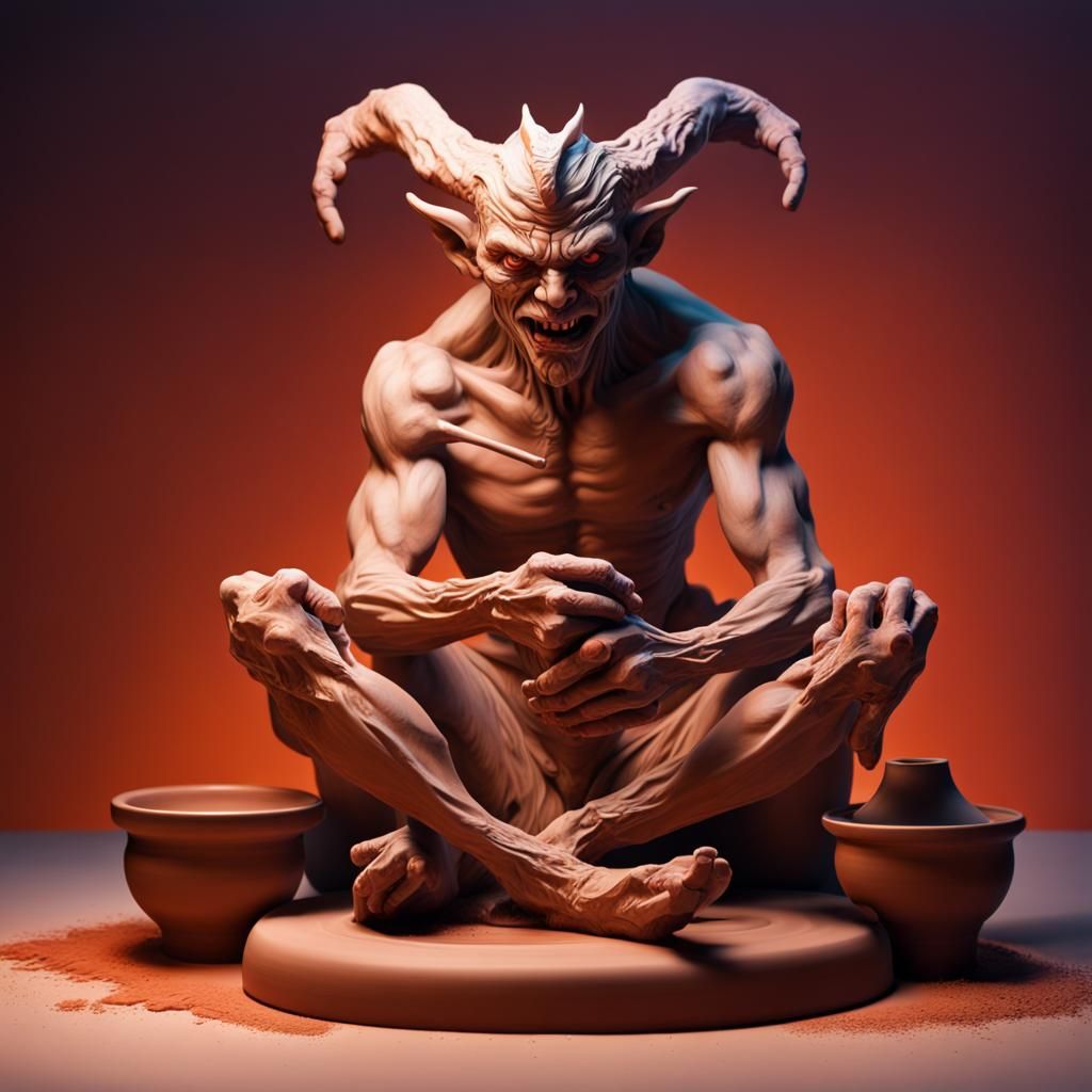 Clay Demon on Potter's Wheel: Hyperrealistic Splash Art