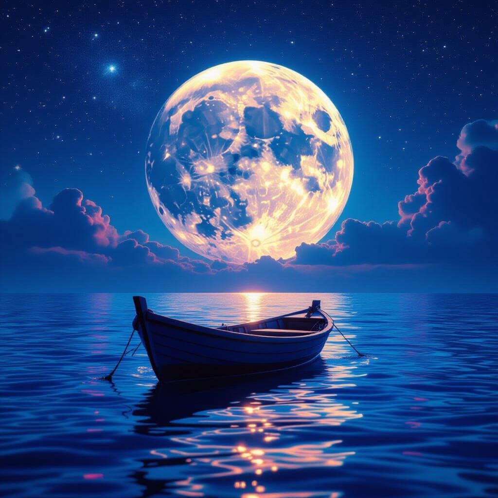 Mysterious Moonlit Boat on Colorful Noctilucent Sea