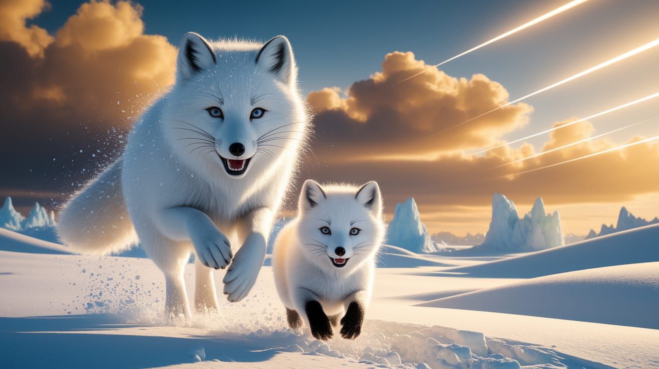 Arctic Fox and Cub Play in Golden Sunlight
