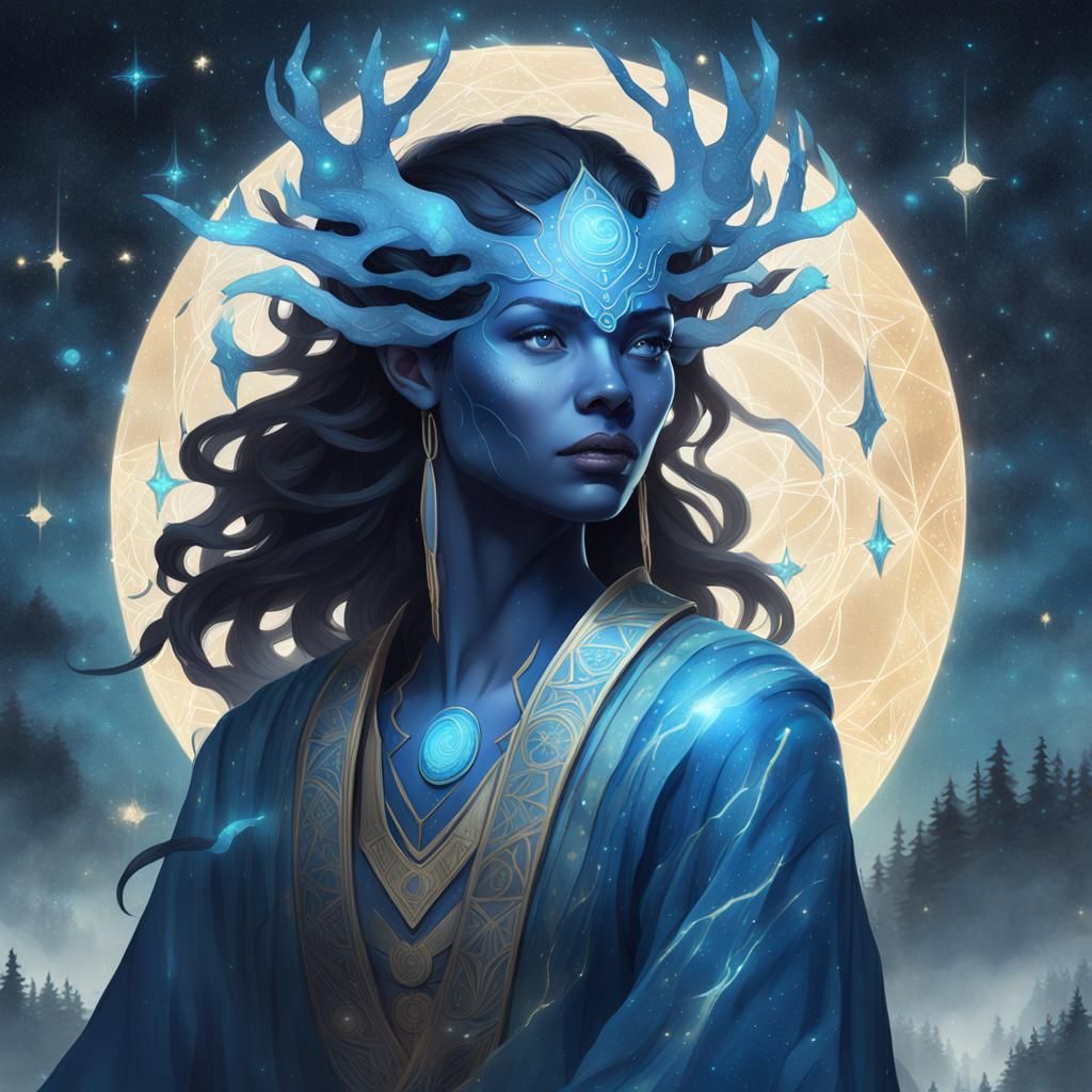 An ethereal figure with glowing blue skin, adorned in shimme...
